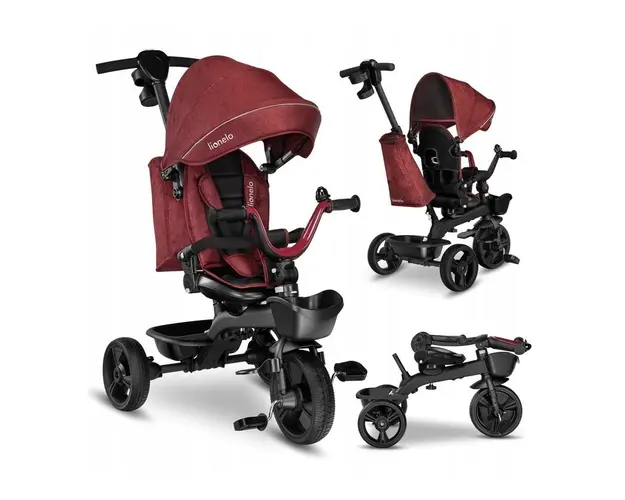 Tricicleta copii, Lionelo, Kori, Ultrapliabila, Multifunctionala. Cu suport de picioare, Control al directiei, Scaun reversibil, Rotire 360 grade, Conform cu standardul europeane de securitate EN71, Red Burgundy