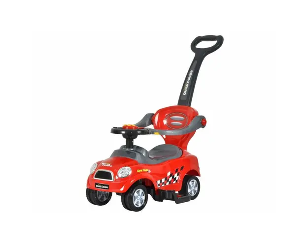 Masinuta pentru copii, Ecotoys, Quick Coupe, 3 in 1, Ride-On, premergator / impingator, volan multimedia, spatar, balustrade de protectie, maner de ghidare, Rosie