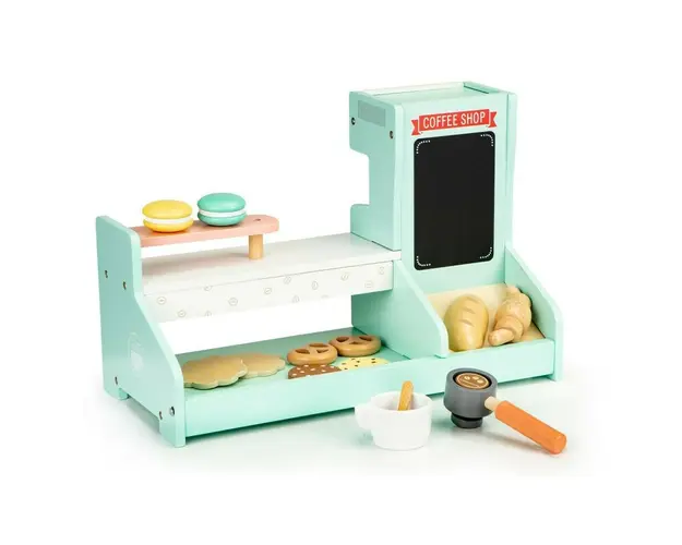 Mini Bucatarie din lemn, cafenea, cofetarie, Ecotoys, 42,5 x 28 x 20 cm, joc de rol, dezvolta imaginatia si abilitatile manuale, diverse accesorii