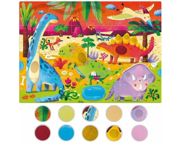 Puzzle tactil, Headu, Dinozauri, Montessori, 20 piese, 12 luni+, Multicolor