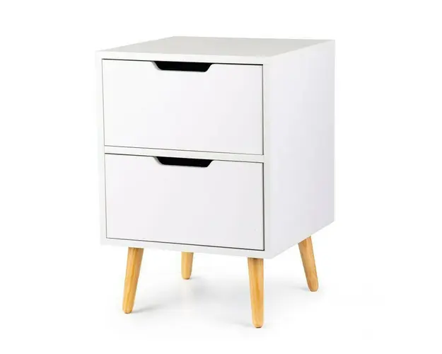 Noptiera cu 2 sertare si picioare din lemn masiv de pin, 58 x 40 x 40 cm, Modern Home, alba.