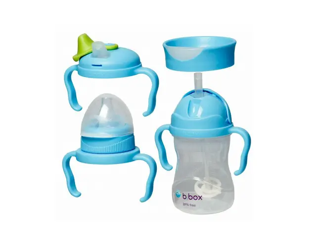 B.box - Pachet 4 in 1 cana 240 ml cu 4 accesorii pentru baut diferite (tetina, pai, cioc, antrenament), albastru,