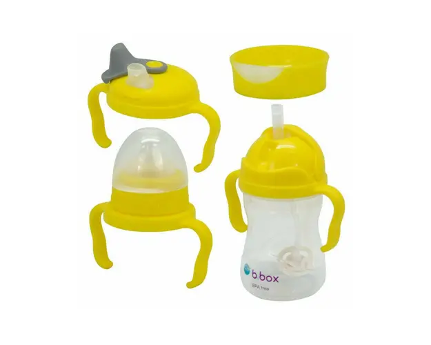 B.box - Pachet 4 in 1 cana 240 ml cu 4 accesorii pentru baut diferite (tetina, pai, cioc, antrenament), galben,