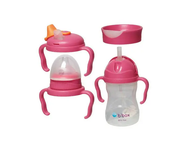 B.box - Pachet 4 in 1 cana 240 ml cu 4 accesorii pentru baut diferite (tetina, pai, cioc, antrenament), roz,