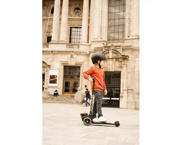 Pachet: Trotineta copii pliabila cu roti luminoase, suport jucarie, Highwaykick 2 Black Gold Limited, 2 ani +, pana la 50 kg, Scoot Ride si Casca S-M, 51-55 cm, 3 ani+