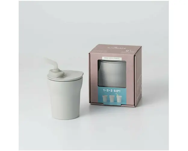 Pahar cu capac si pai antrenament bebelusi Miniware 1-2-3 Sip!, 100% din materiale naturale biodegradabile, Grey