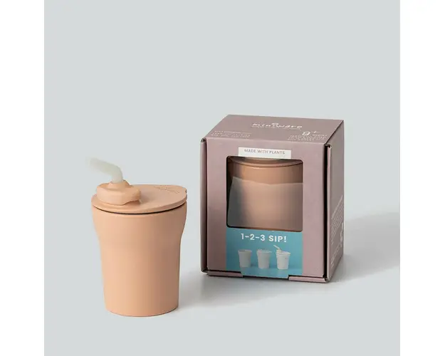 Pahar cu capac si pai antrenament bebelusi Miniware 1-2-3 Sip!, 100% din materiale naturale biodegradabile, Toffee