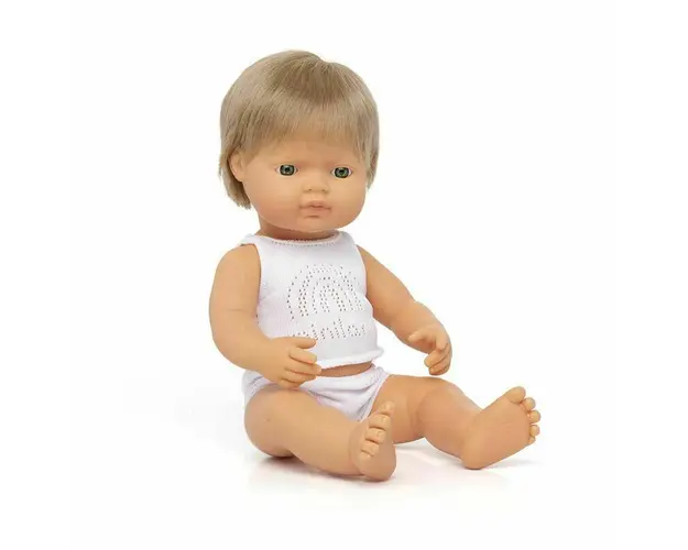 Miniland - Papusa educativa 38 cm Baiat caucazian blond inchis