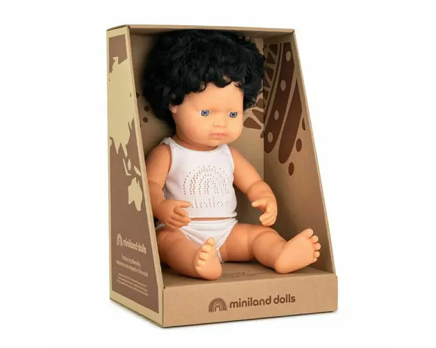 Miniland - Papusa educativa 38 cm Baiat caucazian cu par negru si ondulat