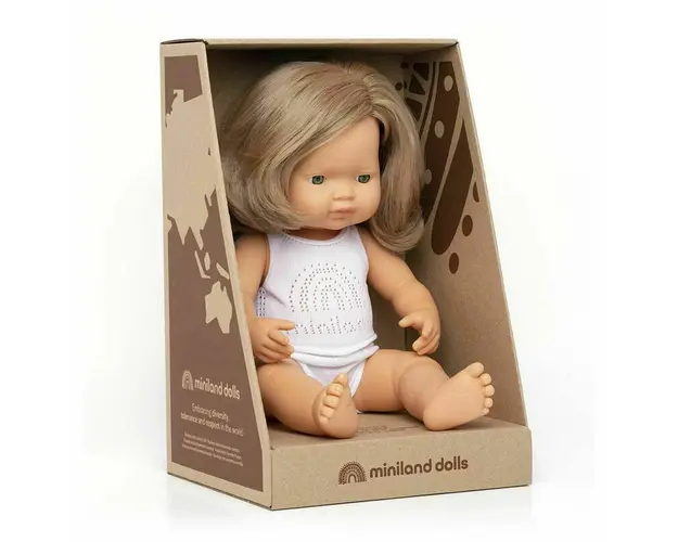Miniland - Papusa educativa 38 cm Fetita caucaziana blond inchis