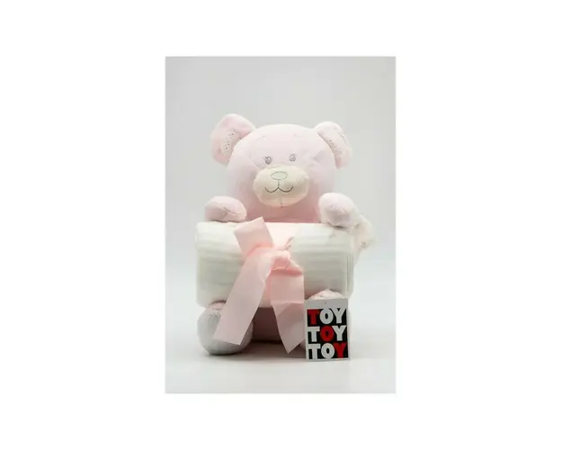 Paturica pufoasa cu jucarie TOY Urs pink, 26cm Hausmann