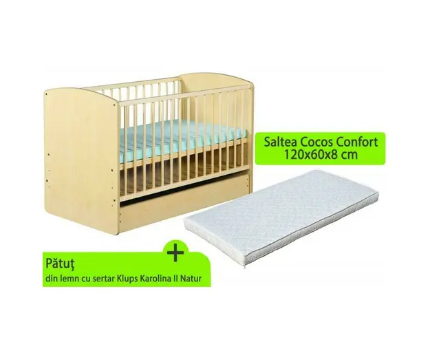 Patut cu sertar KLUPS Karolina II Natur + Saltea 8 MyKids Confort II