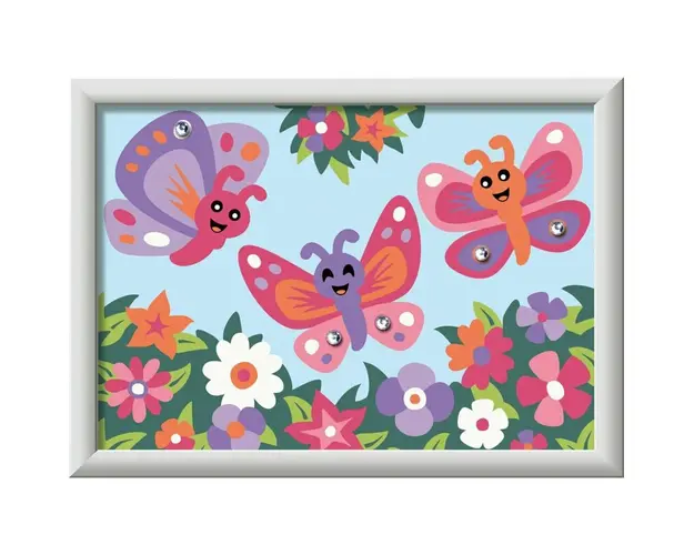 Pictura pe numere, Ravensburger, Fluturi fericiti, Include acuarele, plansa de pictat cu numere, pensula si palete pentru culori, 7 ani+, Multicolor