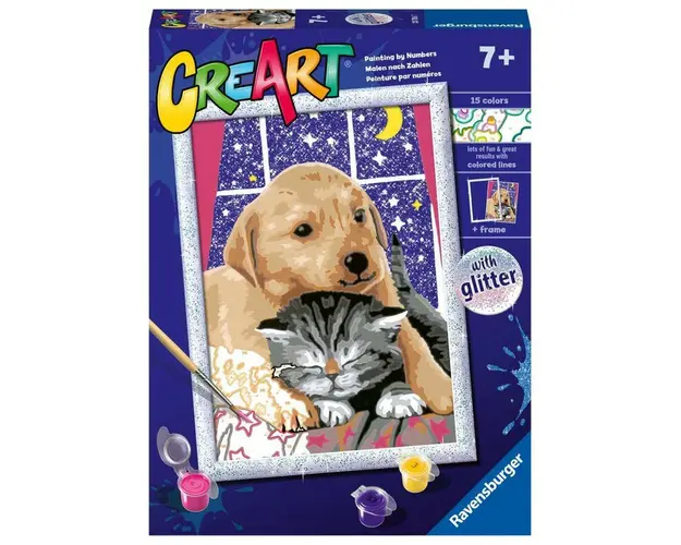 Pictura pe numere, Ravensburger, Prieteni pufosi, Include acuarele, plansa de pictat cu numere, pensula si palete pentru culori, 7 ani+, Multicolor