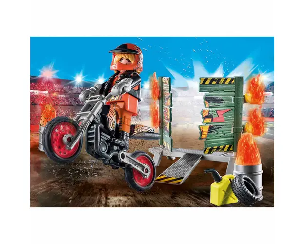 Playmobil - Set Motociclist Stuntshow Si Perete De Foc