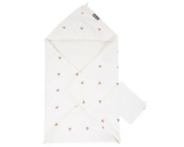 Prosop cu gluga si manusa de baie Childhome Jerse/Frotir 80x80 cm, Inimioare