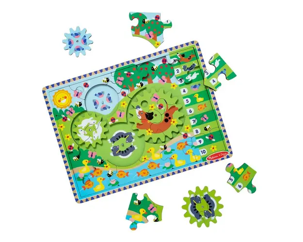 Puzzle din lemn cu rotite dintate pentru invatarea numararii prin joaca Animale vesele