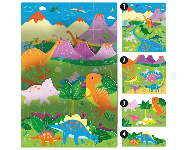 Puzzle animale, Headu, Dinozauri, 40 piese, 3 ani+, Multicolor