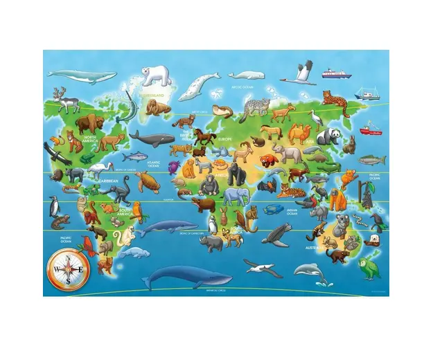 Puzzle de podea, Ravensburger, Harta animale, 60 piese, 4 ani+, Multicolor