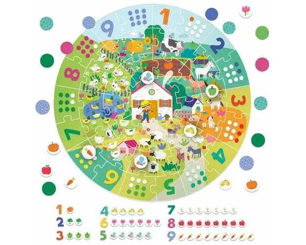 Puzzle Rotund, Headu, Numere, Mare, 80 piese, 3 ani+, Multicolor