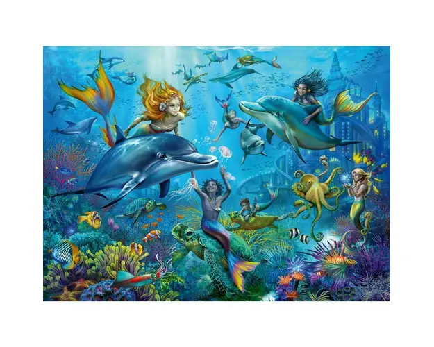 Puzzle animale, Ravensburger, Sirene si delfini, 100 piese, 6 ani+, Multicolor