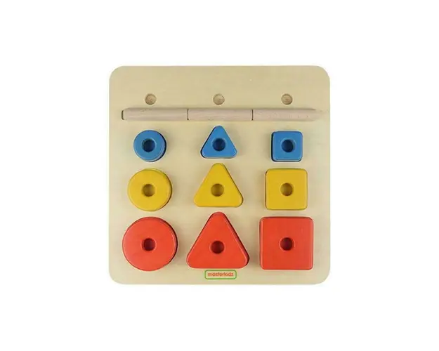 Puzzle sortator de forme geometrice dupa forma, dimensiune si culoare, din lemn, +2 ani, Masterkidz