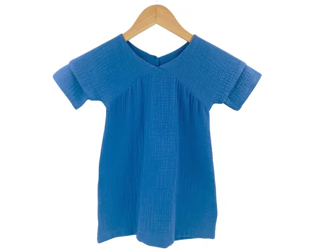 Rochita dreapta cu maneca dublata, din muselina, Deep Blue, 3-4 ani