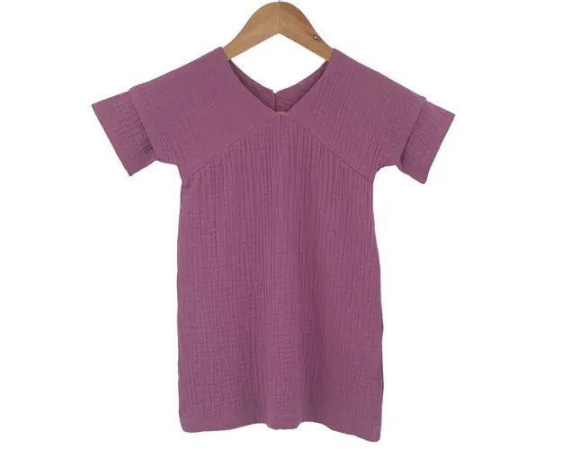 Rochita dreapta cu maneca dublata, din muselina, Lavender, 5-6 ani