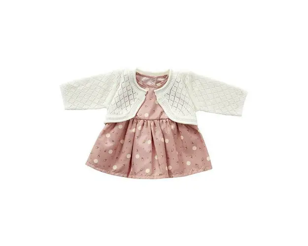 Rochita roz si cardigan tricotat alb, pentru papusi 30-35cm, byASTRUP