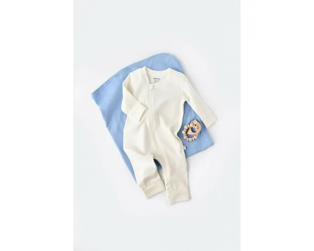 Salopeta cu fermoar cu maneca lunga si pantaloni lungi - 100%bumbac organic - Ecru, BabyCosy (Marime: 9-12 luni)