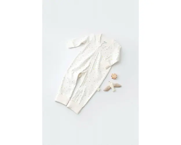 Salopeta cu fermoar cu maneca lunga si pantaloni lungi - 100%bumbac organic - Ecru cu buline, BabyCosy (Marime: 6-9 luni)