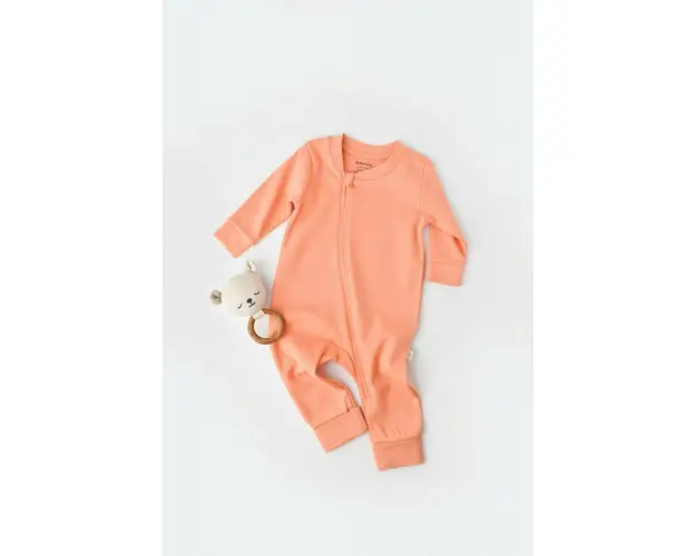 Salopeta cu fermoar cu maneca lunga si pantaloni lungi - 100%bumbac organic - Roz Piersica, BabyCosy (Marime: 12-18 Luni)
