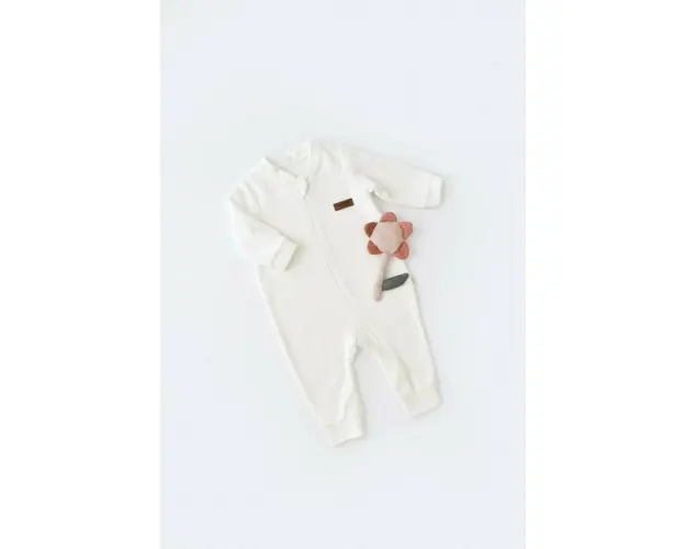 Salopeta cu maneca lunga si fermoar din 80%bumbac organic si 20% poliester - Ecru, BabyCosy (Marime: 12-18 Luni)