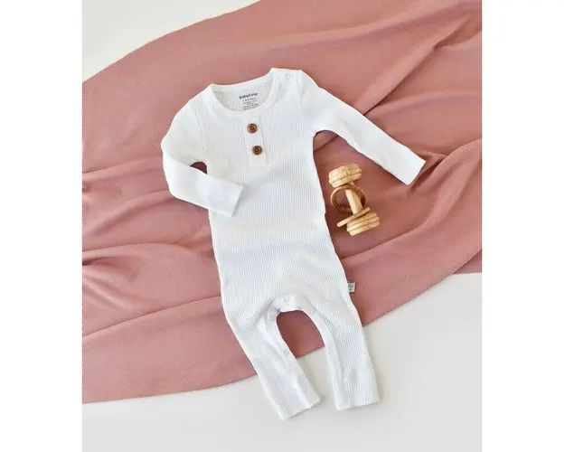 Salopeta cu maneca lunga si pantaloni lungi din bumbac organic si modal - Alb BabyCosy (Marime: 12-18 Luni)