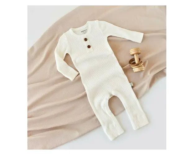 Salopeta cu maneca lunga si pantaloni lungi din bumbac organic si modal - Ecru BabyCosy (Marime: 3-6 Luni)