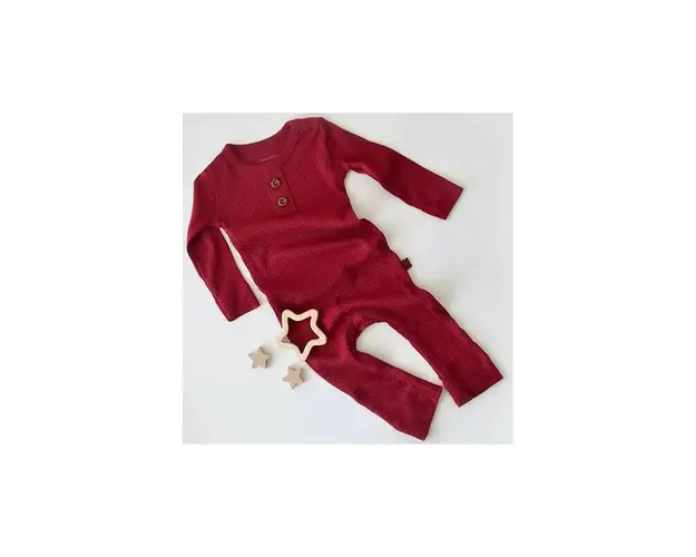 Salopeta cu maneca lunga si pantaloni lungi din bumbac organic si modal - Rosu BabyCosy (Marime: 3-6 Luni)