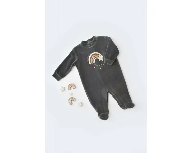 Salopeta Curcubeu cu maneca lunga si botosei din 80%bumbac organic si 20% poliester - Antracit, BabyCosy (Marime: 3-6 Luni)