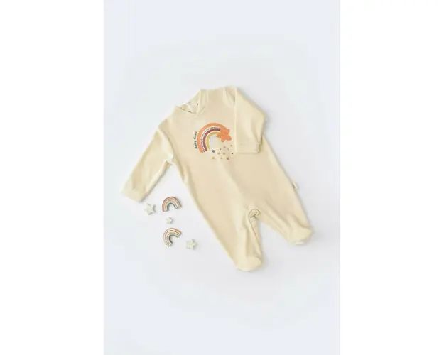 Salopeta Curcubeu cu maneca lunga si botosei din 80%bumbac organic si 20% poliester - Crem, BabyCosy (Marime: 3-6 Luni)
