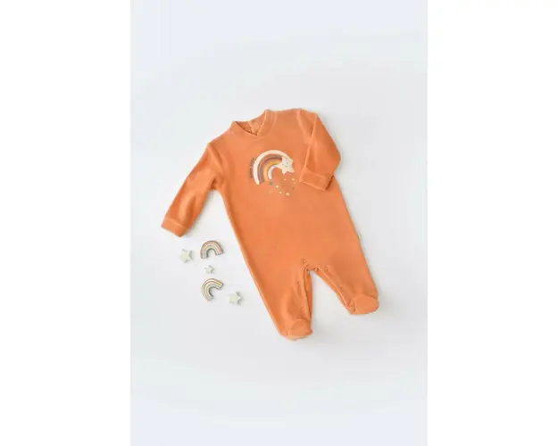 Salopeta Curcubeu cu maneca lunga si botosei din 80%bumbac organic si 20% poliester - Portocaliu, BabyCosy (Marime: 6-9 luni)