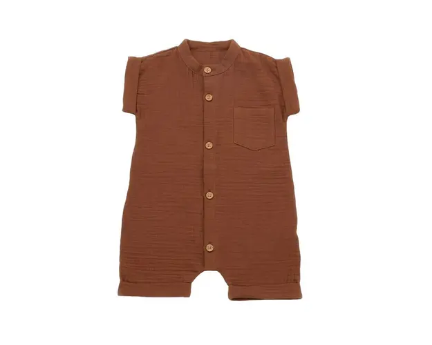 Salopeta de vara din muselina, BabyCosy, 100% bumbac organic, caramiziu (Marime: 9-12 luni)