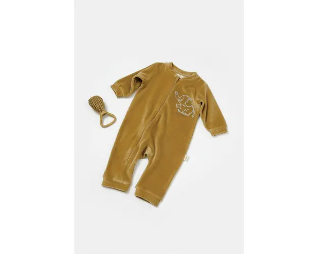Salopeta Elefant cu maneca lunga din 80%bumbac organic si 20% poliester - Mustar, BabyCosy (Marime: 3-6 Luni)