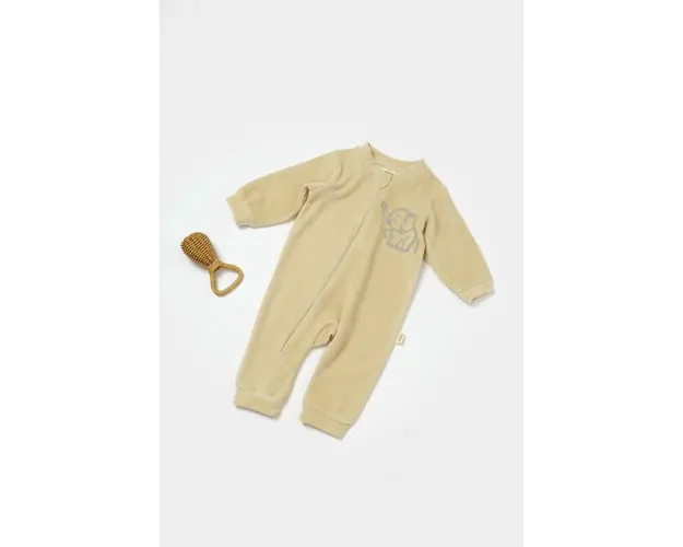 Salopeta Elefant cu maneca lunga din 80%bumbac organic si 20% poliester - Stone, BabyCosy (Marime: 18-24 Luni)