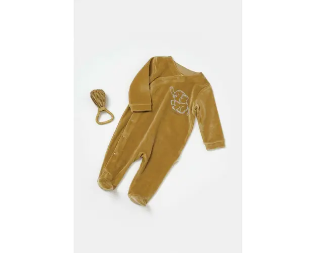 Salopeta Elefant cu maneca lunga si botosei din 80%bumbac organic si 20% poliester - Mustar, BabyCosy (Marime: 6-9 luni)