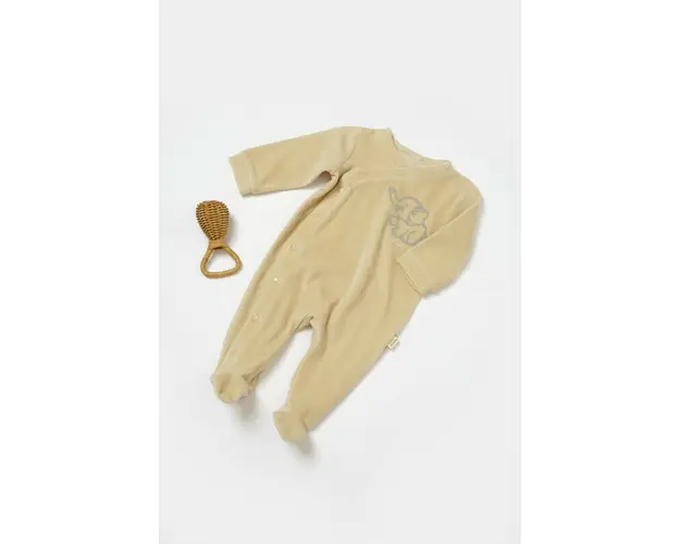 Salopeta Elefant cu maneca lunga si botosei din 80%bumbac organic si 20% poliester - Stone, BabyCosy (Marime: 3-6 Luni)