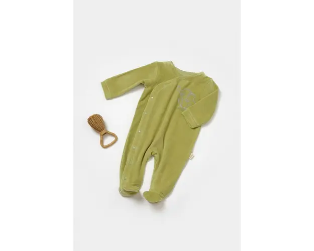 Salopeta Elefant cu maneca lunga si botosei din 80%bumbac organic si 20% poliester - Verde, BabyCosy (Marime: 6-9 luni)