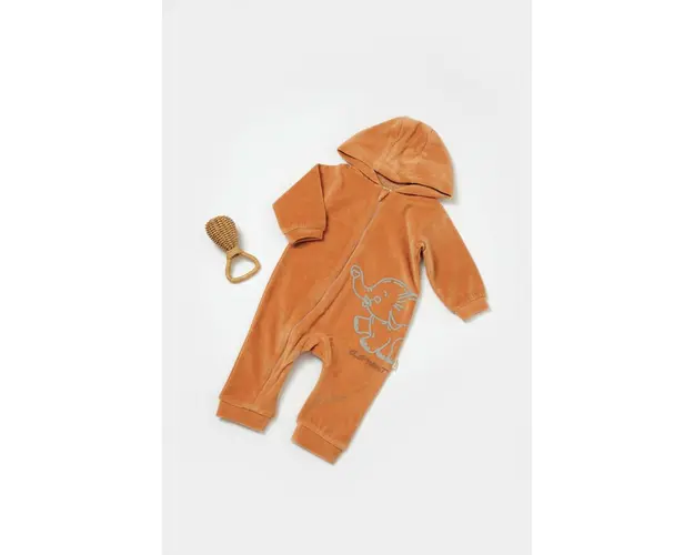 Salopeta Elefant cu maneca lunga si gluga din 80%bumbac organic si 20% poliester - Caramiziu, BabyCosy (Marime: 3-6 Luni)