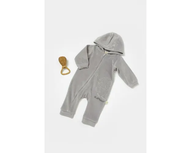 Salopeta Elefant cu maneca lunga si gluga din 80%bumbac organic si 20% poliester - Gri, BabyCosy (Marime: 18-24 Luni)