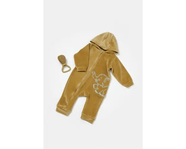 Salopeta Elefant cu maneca lunga si gluga din 80%bumbac organic si 20% poliester - Mustar, BabyCosy (Marime: 12-18 Luni)