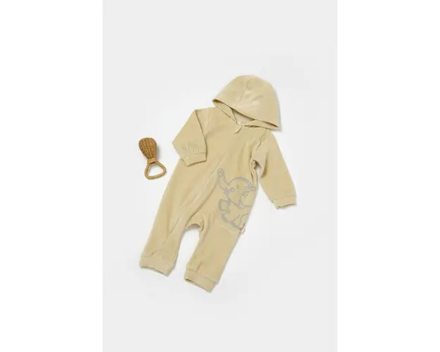Salopeta Elefant cu maneca lunga si gluga din 80%bumbac organic si 20% poliester - Stone, BabyCosy (Marime: 18-24 Luni)