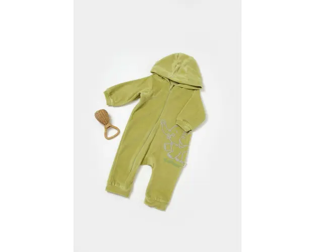 Salopeta Elefant cu maneca lunga si gluga din 80%bumbac organic si 20% poliester - Verde, BabyCosy (Marime: 9-12 luni)